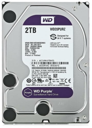 Жесткий диск 2000Gb (2TB) WD Caviar Purple 5400rpm 64Mb SATA3 (6GB/s) (WD20PURZ ) размеры: 101.6 x 2