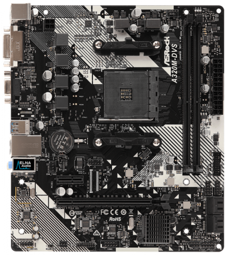 Материнская плата AsRock Socket AM4 ( A320M-DVS R4.0 ) AMD A320, 2x DDR4 DIMM, 2133-3200МГц. (Up to 