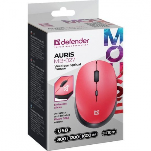 Мышь беспроводная Defender Auris MB-027,красный,4D,800-1600dpi,бесшумн.(52026) фото 2