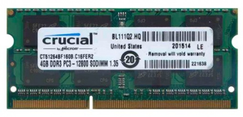 Модули памяти 4GB SODIMM DDR3-1600 (PC3-12800) <CRUCIAL> CL-11. 1,35V ( CT51264BF160B )