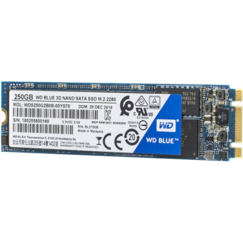 Диск SSD M.2 SATA 250Gb WD Blue series, M.2 SATA. Чтение - 550Mb/s, Запись - 525Mb/s. размеры: 22 x 